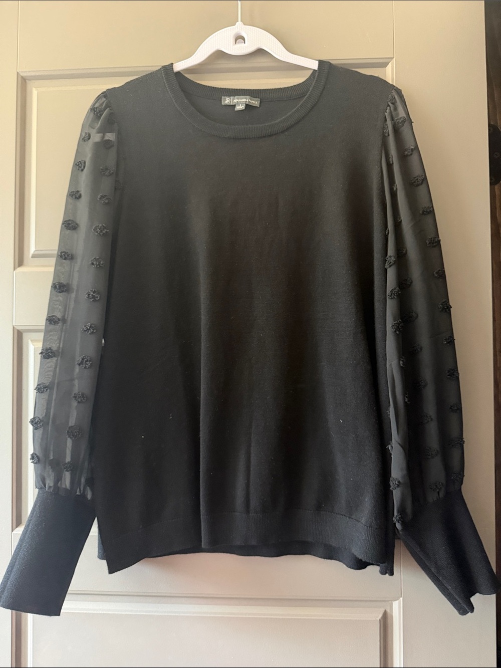 Adrianna Papell Black Crewneck Sweater with Sheer Dot-Detail Sleeves